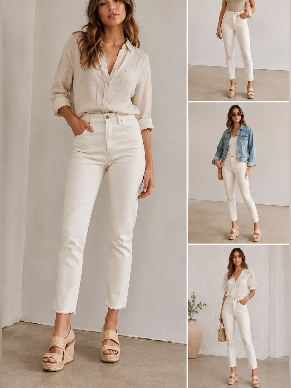 Crew Lookout‎ High Rise Skinny Crop Jeans Cream Off White Distressed Raw Hem 27